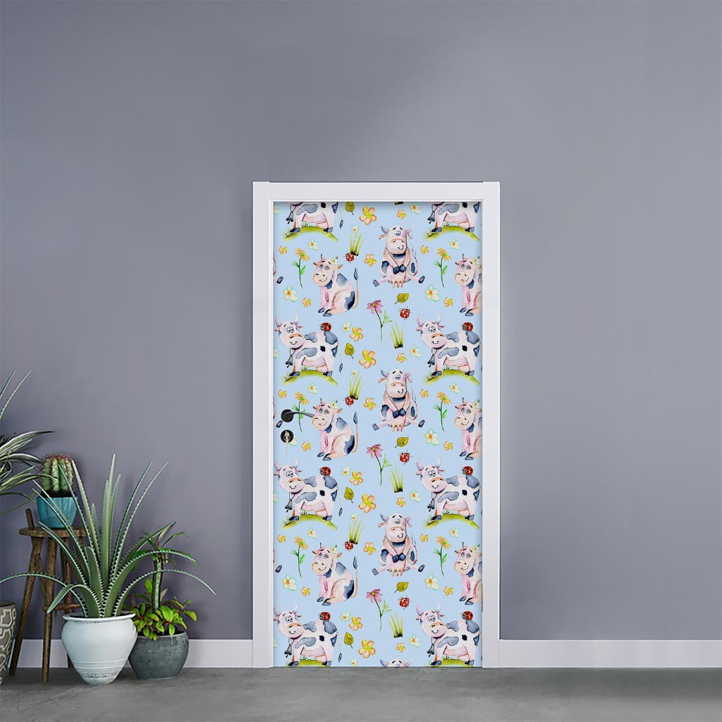 Watercolor Cartoon Cow Pattern Print Door Sticker