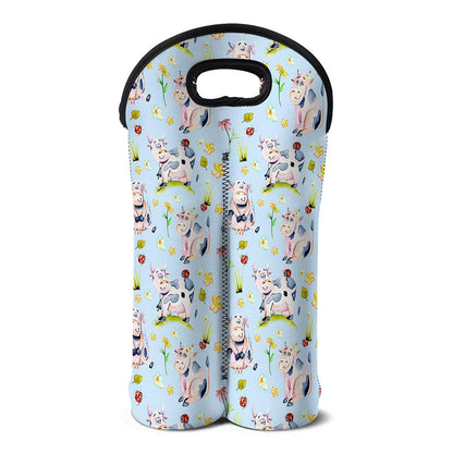 Watercolor Cartoon Cow Pattern Print Double Neoprene Wine Tote