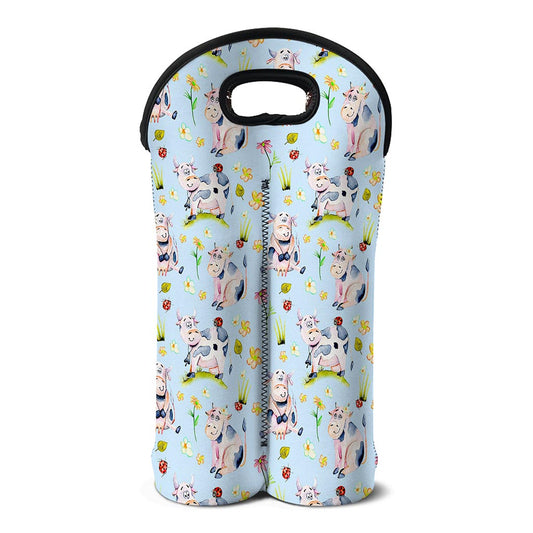 Watercolor Cartoon Cow Pattern Print Double Neoprene Wine Tote