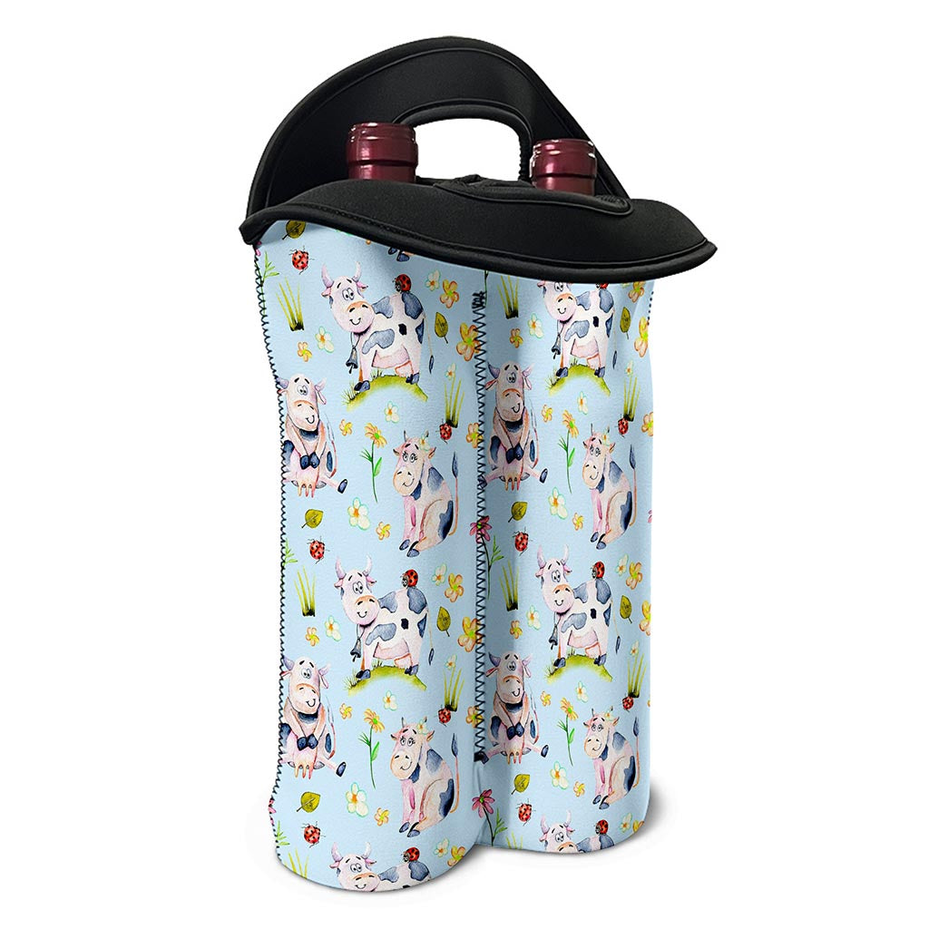 Watercolor Cartoon Cow Pattern Print Double Neoprene Wine Tote