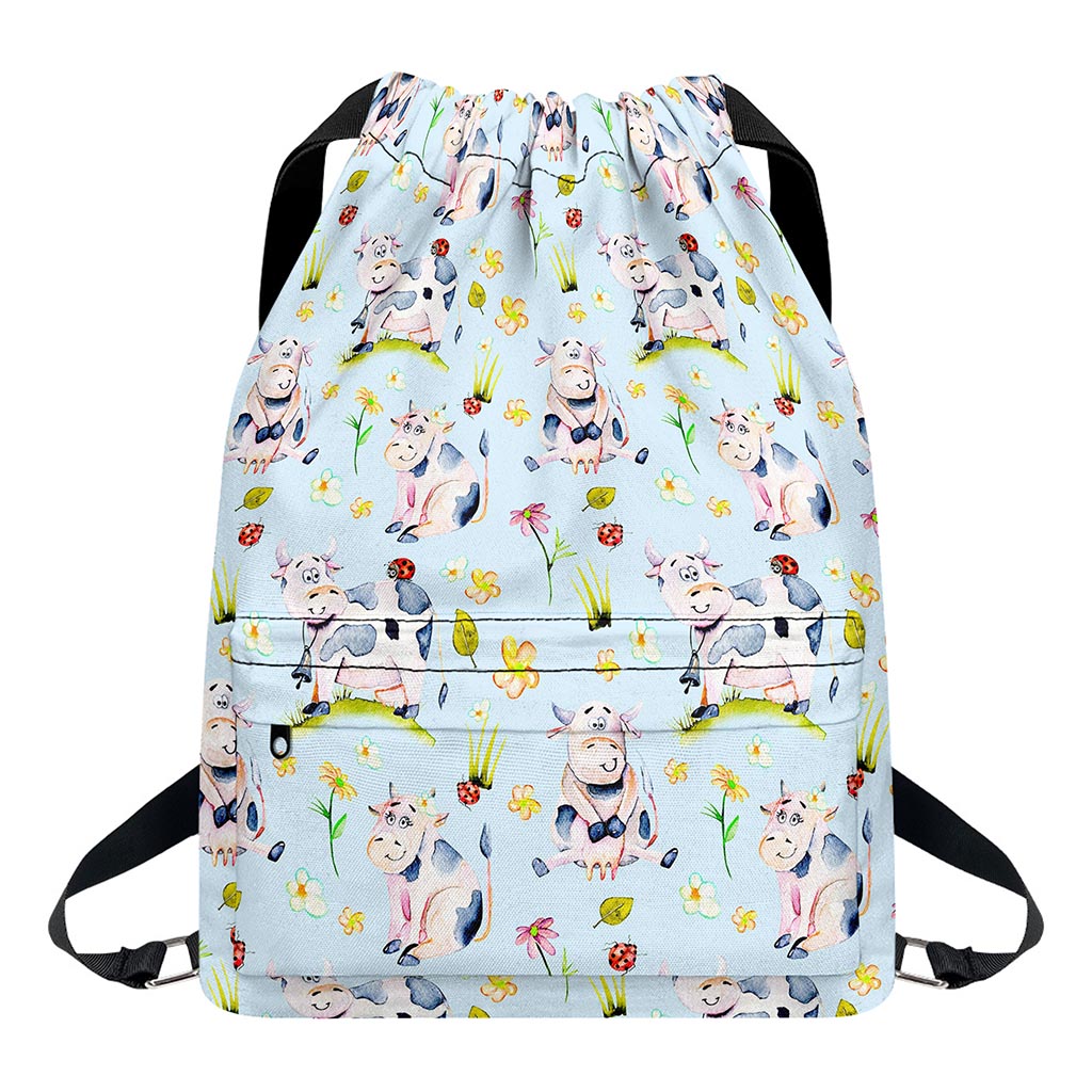 Watercolor Cartoon Cow Pattern Print Drawstring Backpack