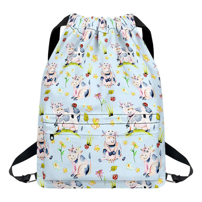 Watercolor Cartoon Cow Pattern Print Drawstring Backpack