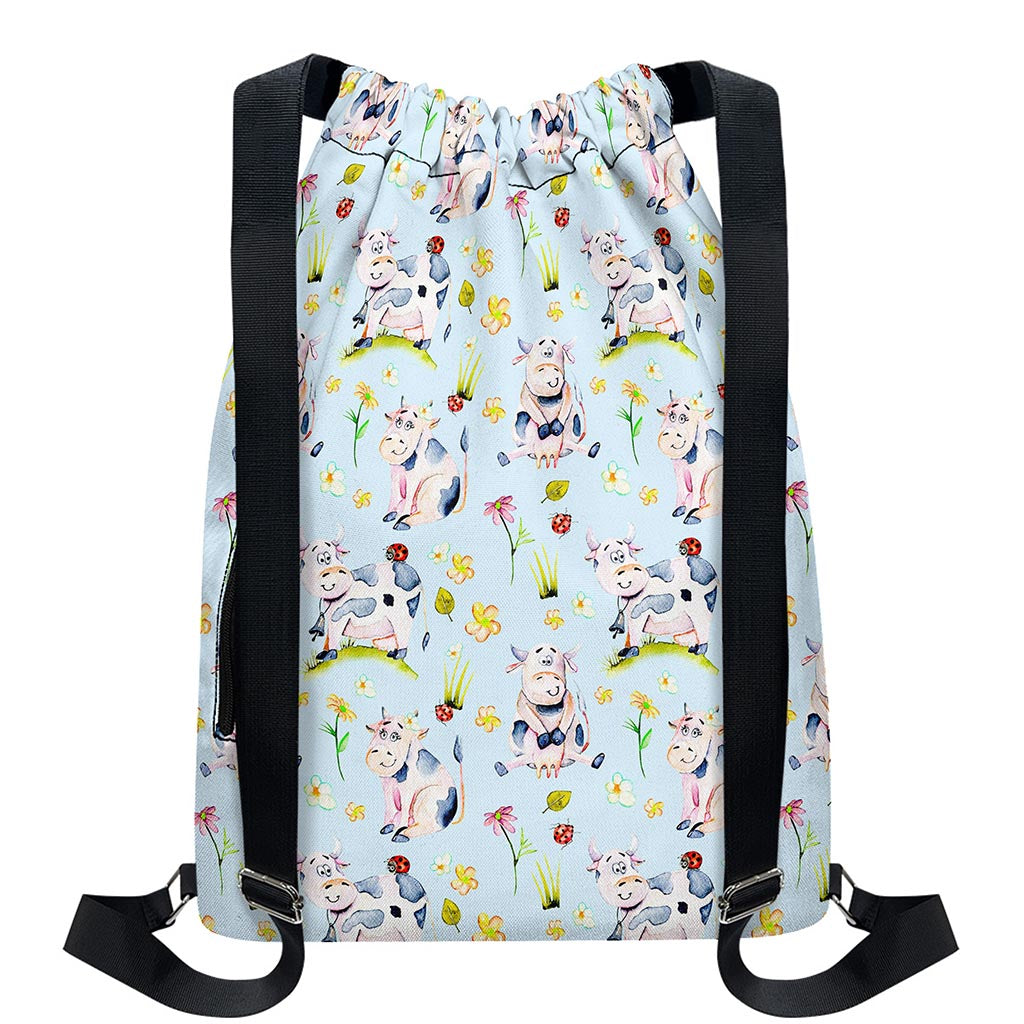 Watercolor Cartoon Cow Pattern Print Drawstring Backpack