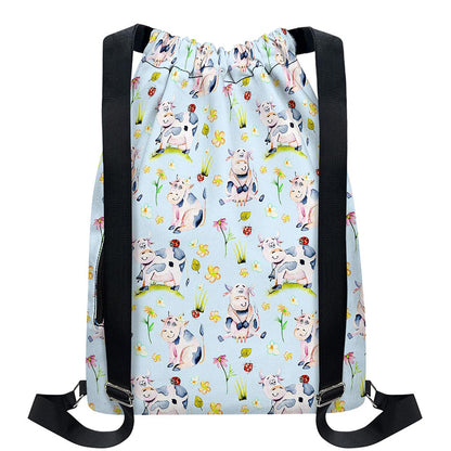 Watercolor Cartoon Cow Pattern Print Drawstring Backpack