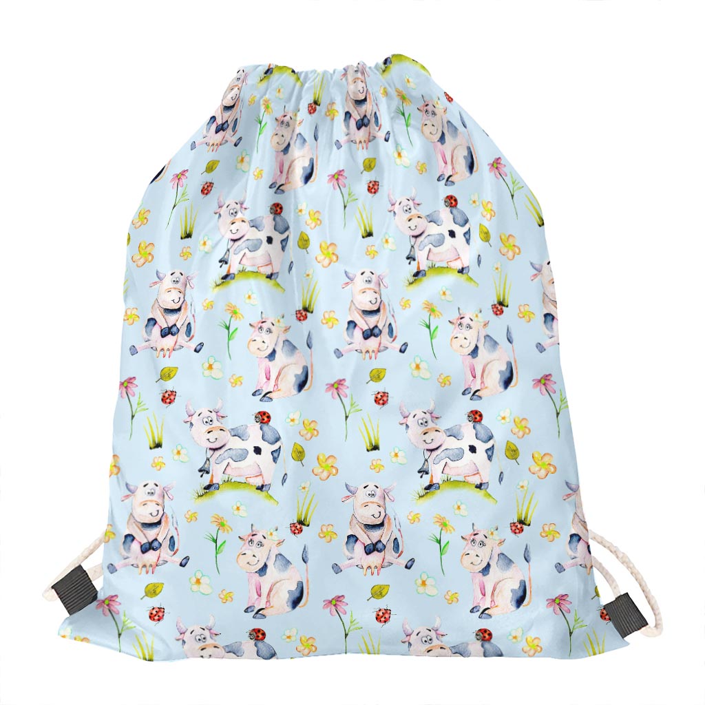 Watercolor Cartoon Cow Pattern Print Drawstring Bag