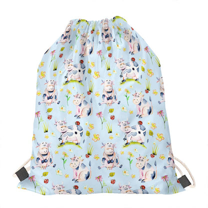Watercolor Cartoon Cow Pattern Print Drawstring Bag