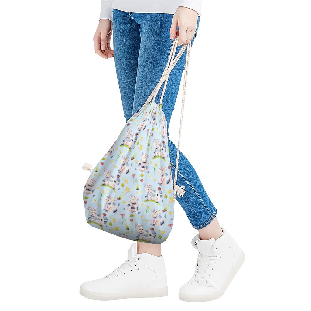 Watercolor Cartoon Cow Pattern Print Drawstring Bag