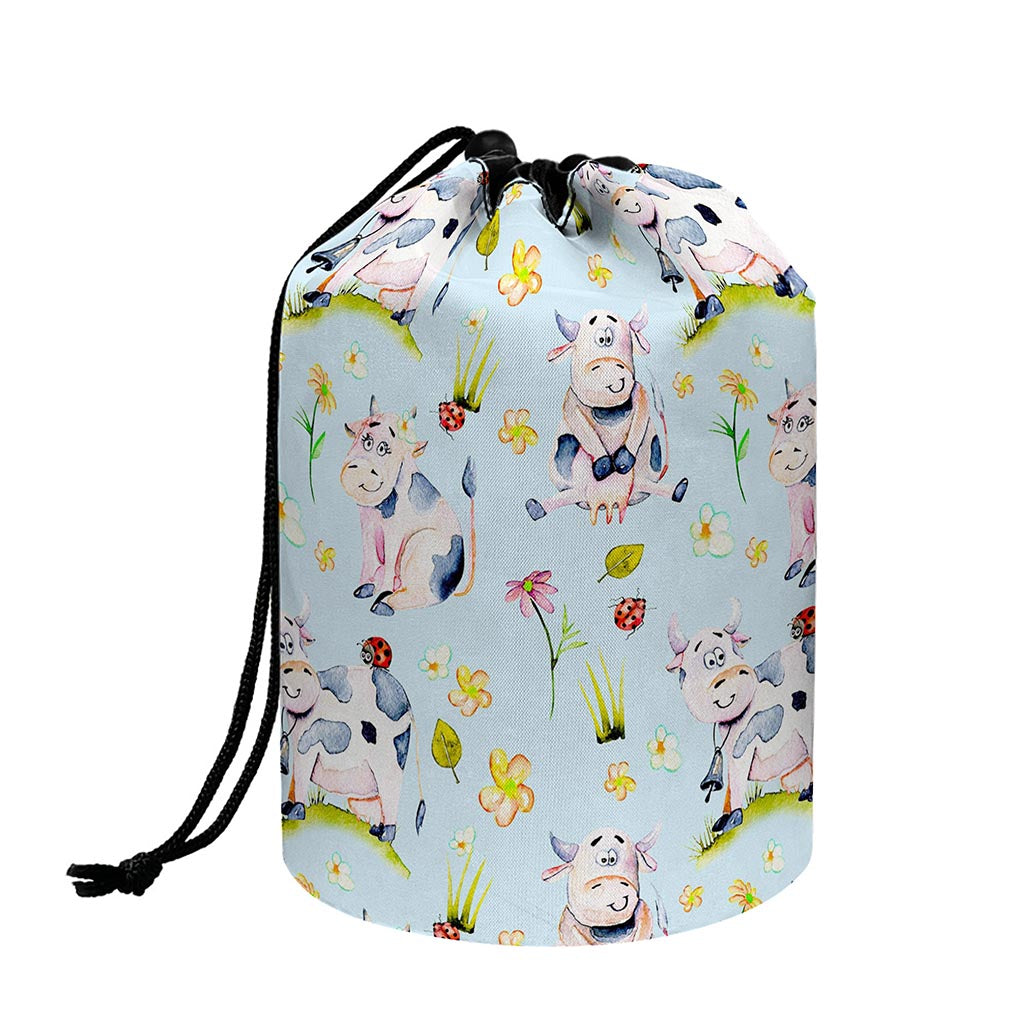 Watercolor Cartoon Cow Pattern Print Drawstring Makeup Bag
