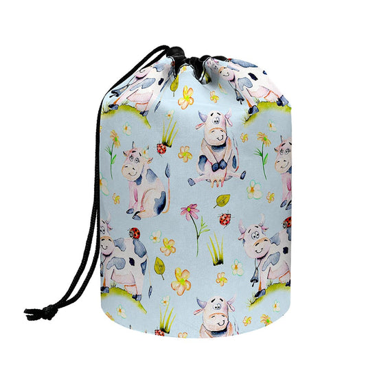 Watercolor Cartoon Cow Pattern Print Drawstring Makeup Bag