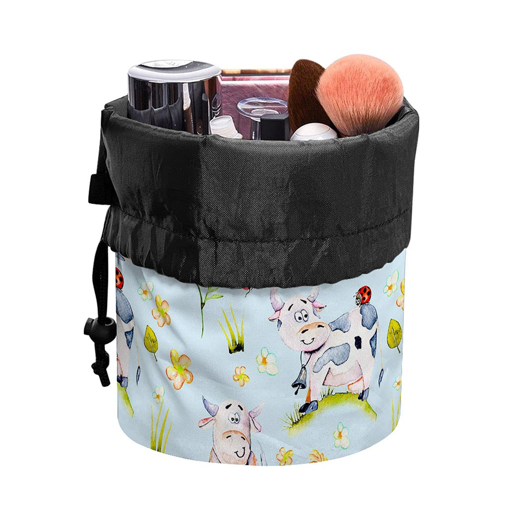 Watercolor Cartoon Cow Pattern Print Drawstring Makeup Bag