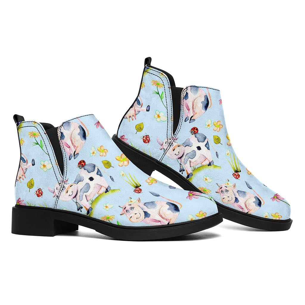 Watercolor Cartoon Cow Pattern Print Flat Ankle Boots