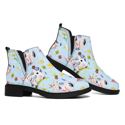 Watercolor Cartoon Cow Pattern Print Flat Ankle Boots