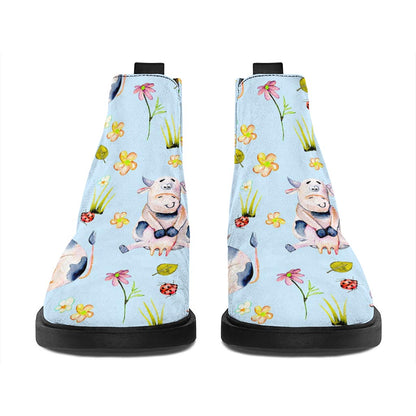 Watercolor Cartoon Cow Pattern Print Flat Ankle Boots