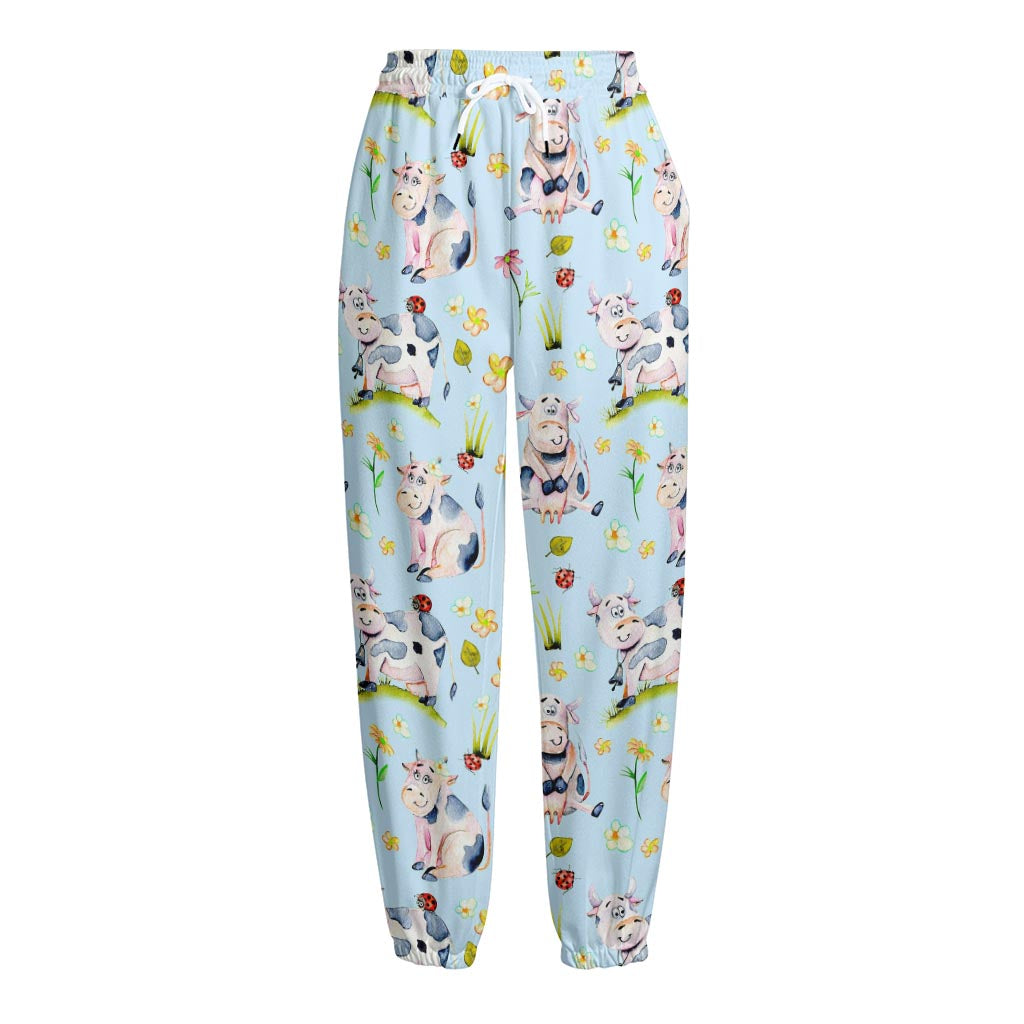 Watercolor Cartoon Cow Pattern Print Fleece Lined Knit Pants