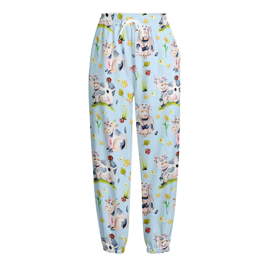Watercolor Cartoon Cow Pattern Print Fleece Lined Knit Pants