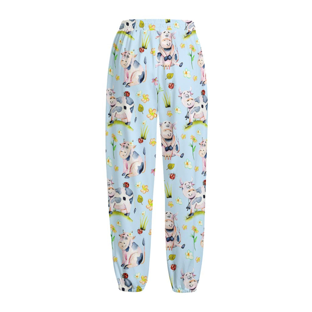 Watercolor Cartoon Cow Pattern Print Fleece Lined Knit Pants