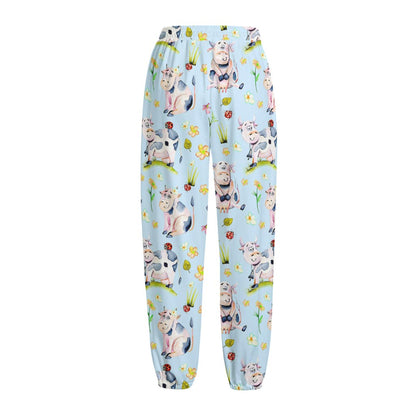 Watercolor Cartoon Cow Pattern Print Fleece Lined Knit Pants