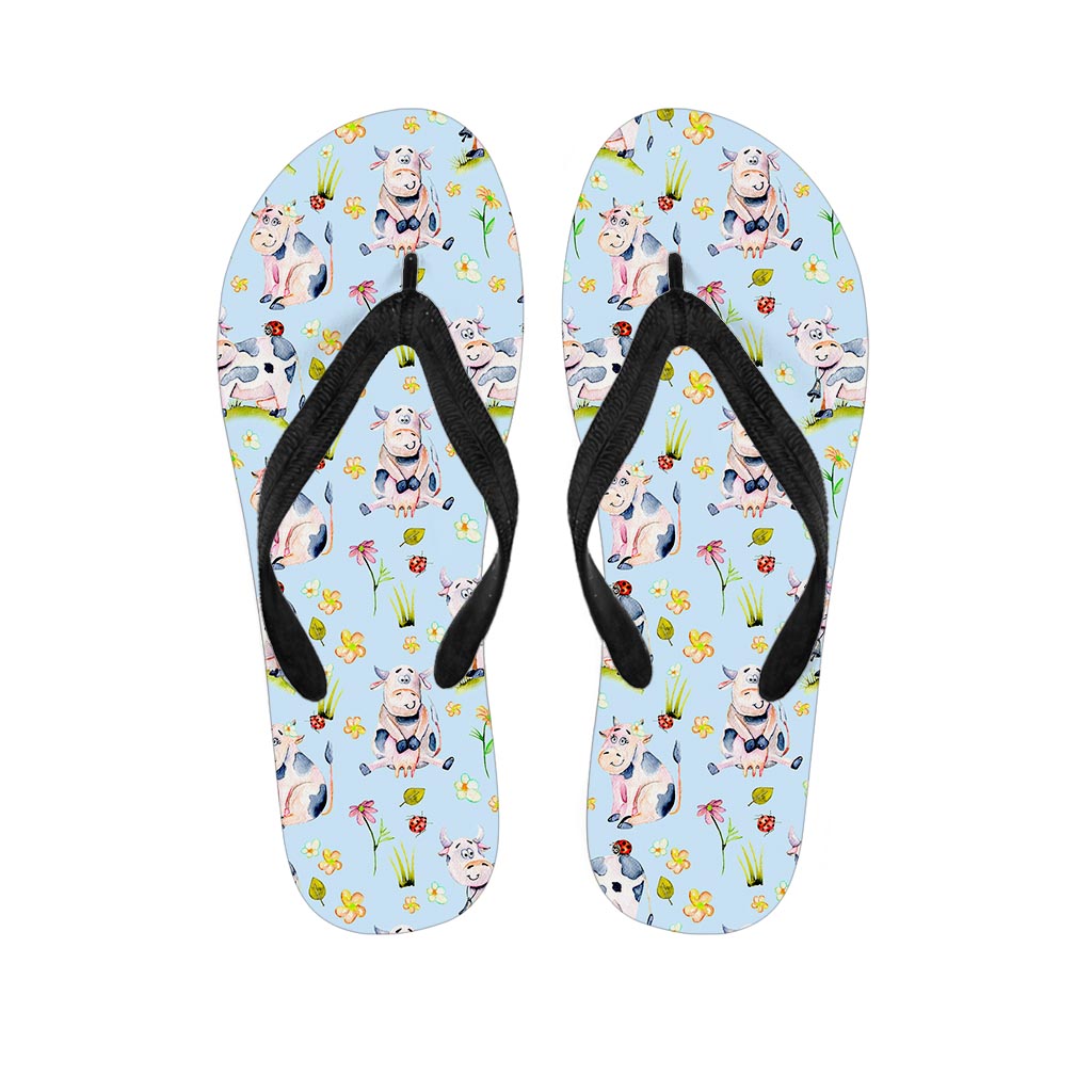 Watercolor Cartoon Cow Pattern Print Flip Flops