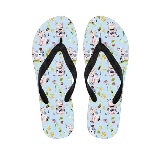 Watercolor Cartoon Cow Pattern Print Flip Flops