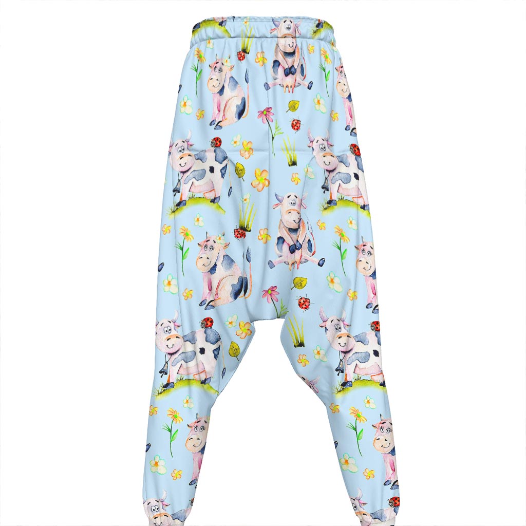 Watercolor Cartoon Cow Pattern Print Hammer Pants
