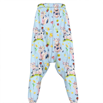 Watercolor Cartoon Cow Pattern Print Hammer Pants
