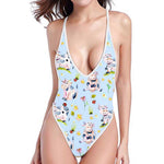 Watercolor Cartoon Cow Pattern Print High Cut One Piece Swimsuit