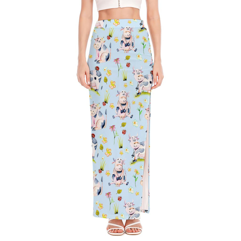 Watercolor Cartoon Cow Pattern Print High Slit Maxi Skirt