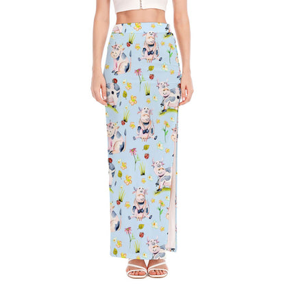 Watercolor Cartoon Cow Pattern Print High Slit Maxi Skirt