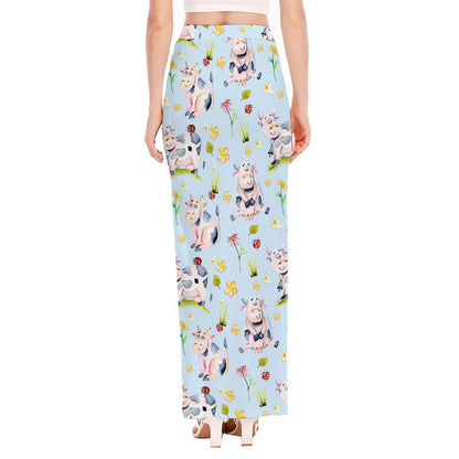 Watercolor Cartoon Cow Pattern Print High Slit Maxi Skirt