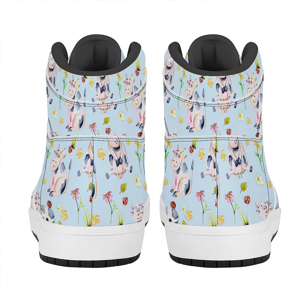 Watercolor Cartoon Cow Pattern Print High Top Leather Sneakers