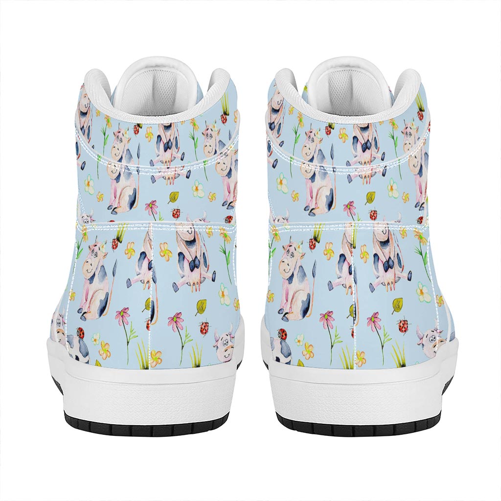 Watercolor Cartoon Cow Pattern Print High Top Leather Sneakers