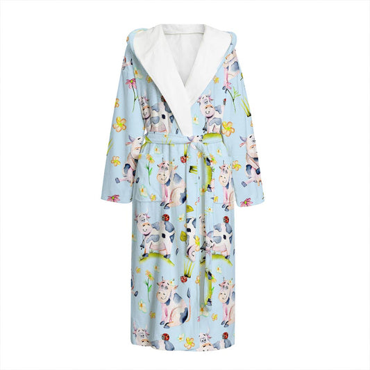 Watercolor Cartoon Cow Pattern Print Hooded Bathrobe