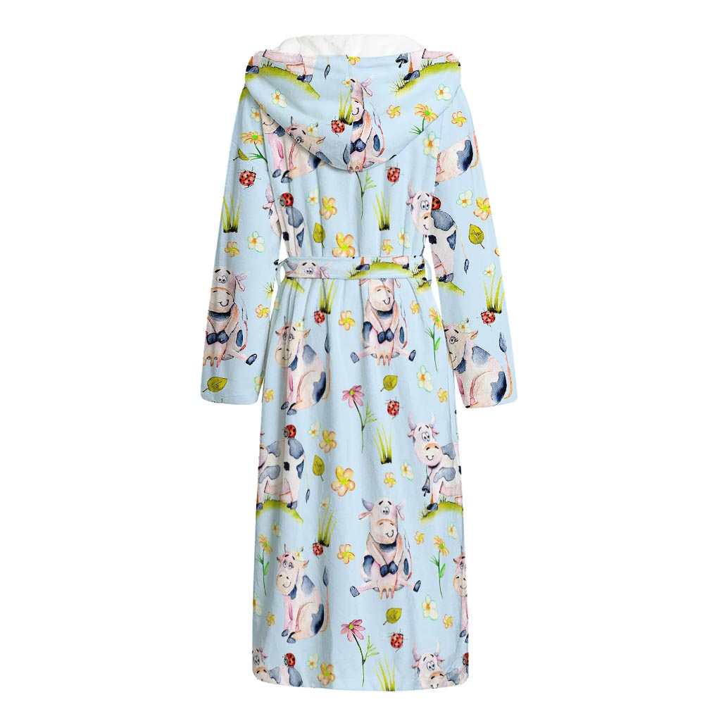 Watercolor Cartoon Cow Pattern Print Hooded Bathrobe