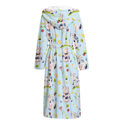 Watercolor Cartoon Cow Pattern Print Hooded Bathrobe