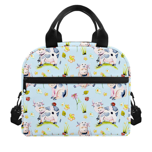 Watercolor Cartoon Cow Pattern Print Insulated Lunch Bag