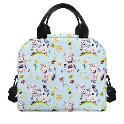 Watercolor Cartoon Cow Pattern Print Insulated Lunch Bag