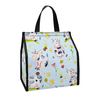 Watercolor Cartoon Cow Pattern Print Insulated Lunch Tote