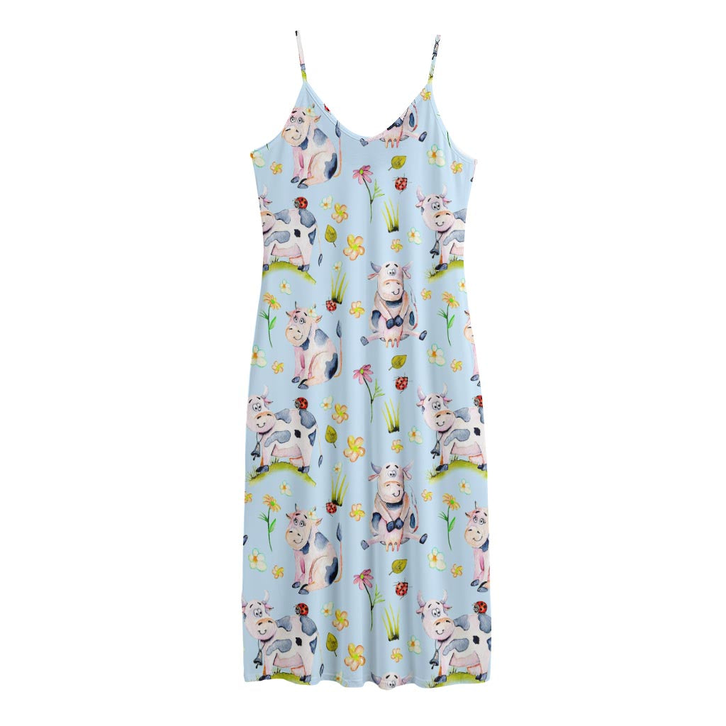 Watercolor Cartoon Cow Pattern Print Jersey Midi Cami Dress