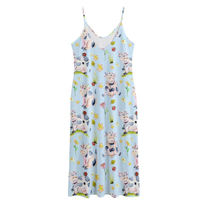 Watercolor Cartoon Cow Pattern Print Jersey Midi Cami Dress