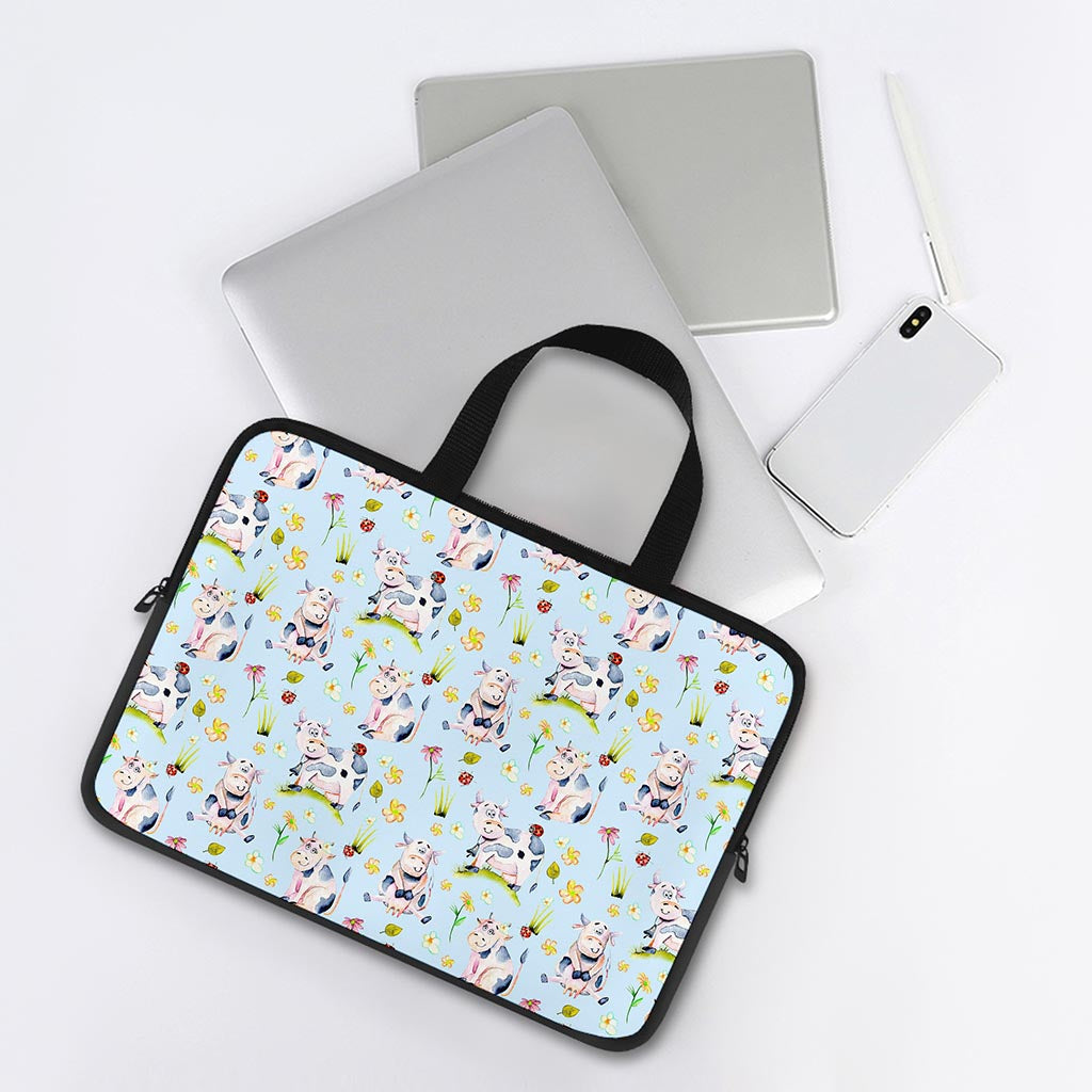 Watercolor Cartoon Cow Pattern Print Laptop Sleeve With Handle