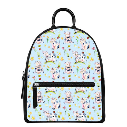 Watercolor Cartoon Cow Pattern Print Leather Backpack