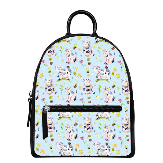 Watercolor Cartoon Cow Pattern Print Leather Backpack