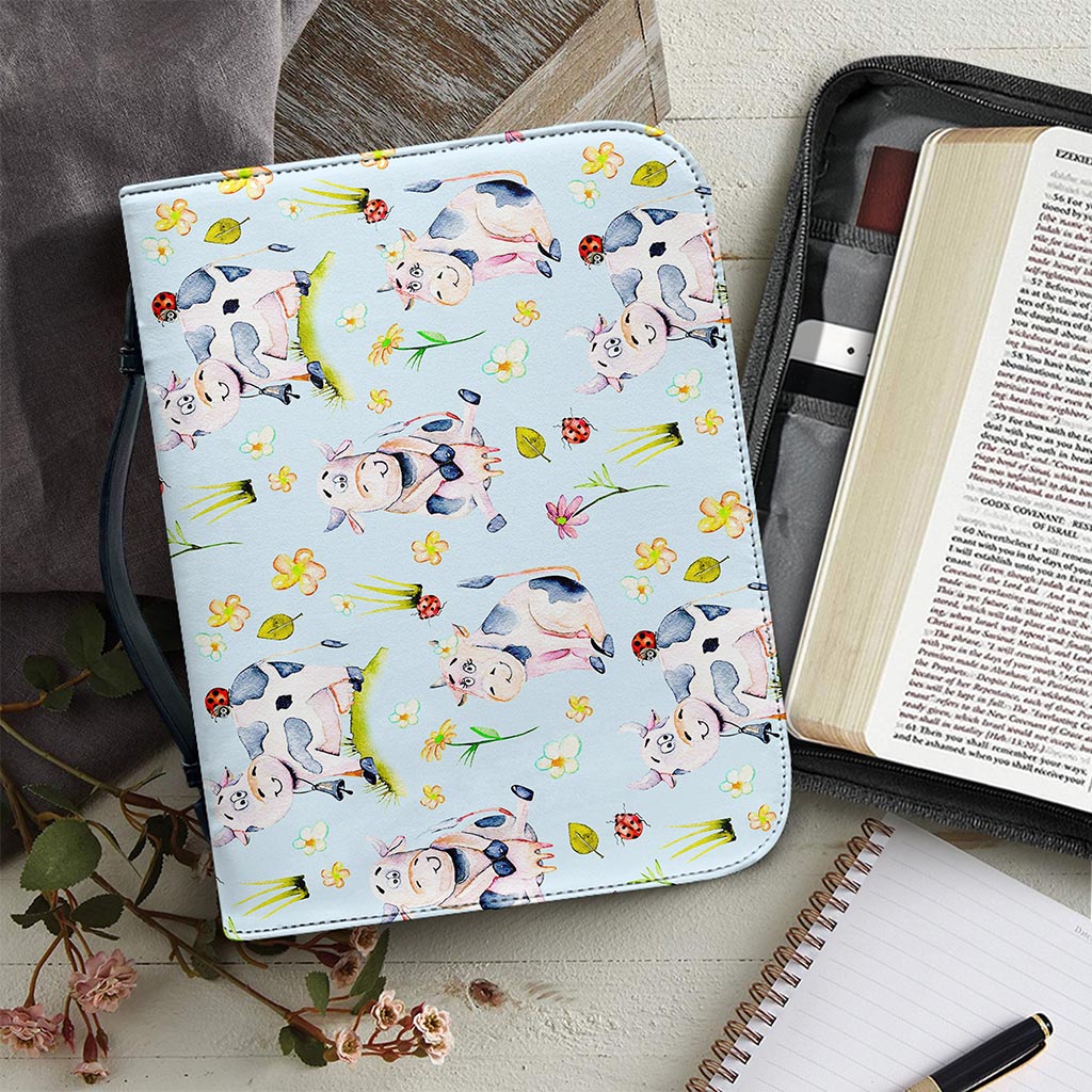 Watercolor Cartoon Cow Pattern Print Leather Bible Cover