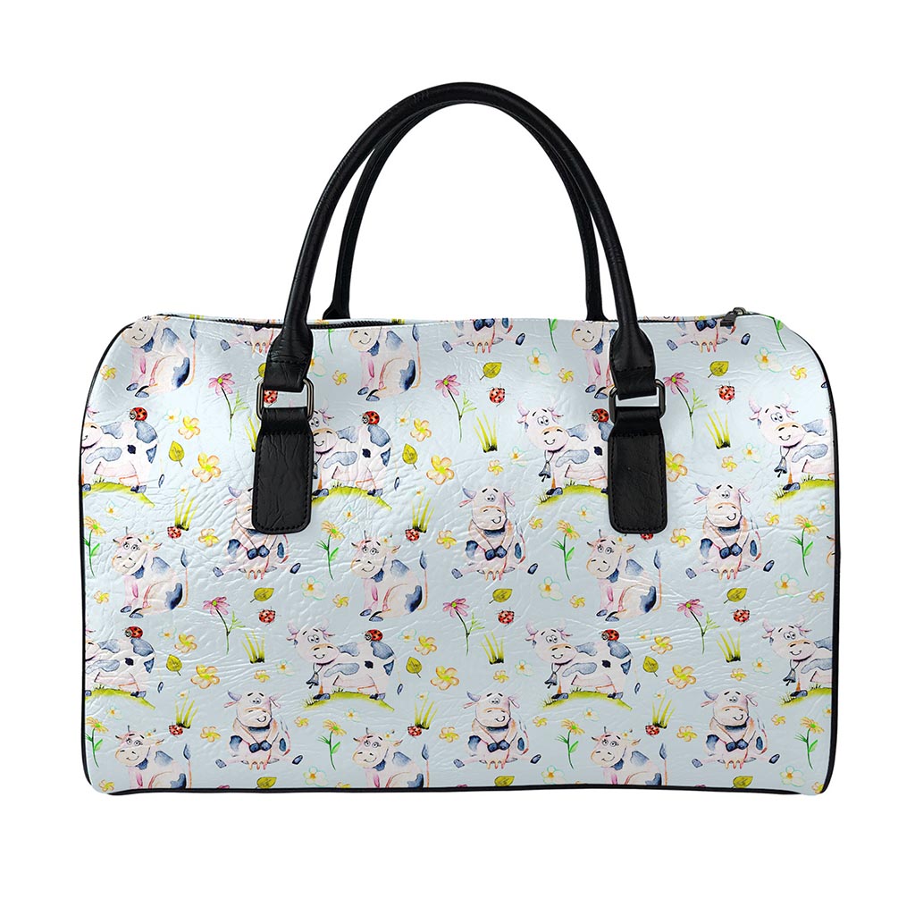 Watercolor Cartoon Cow Pattern Print Leather Duffle Bag