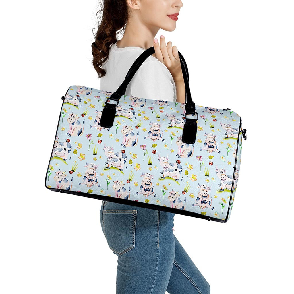 Watercolor Cartoon Cow Pattern Print Leather Duffle Bag