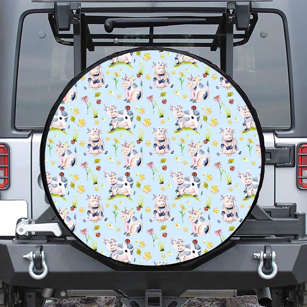 Watercolor Cartoon Cow Pattern Print Leather Spare Tire Cover