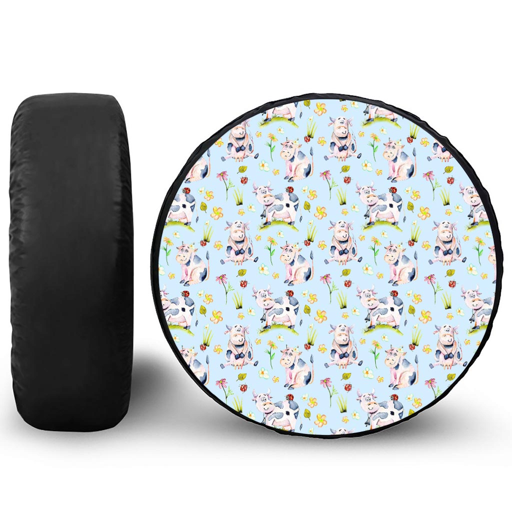Watercolor Cartoon Cow Pattern Print Leather Spare Tire Cover