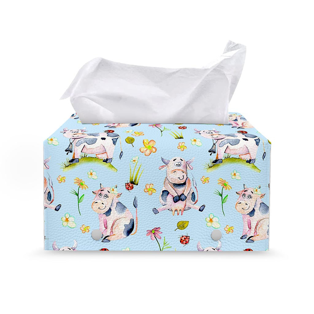 Watercolor Cartoon Cow Pattern Print Leather Tissue Box Cover