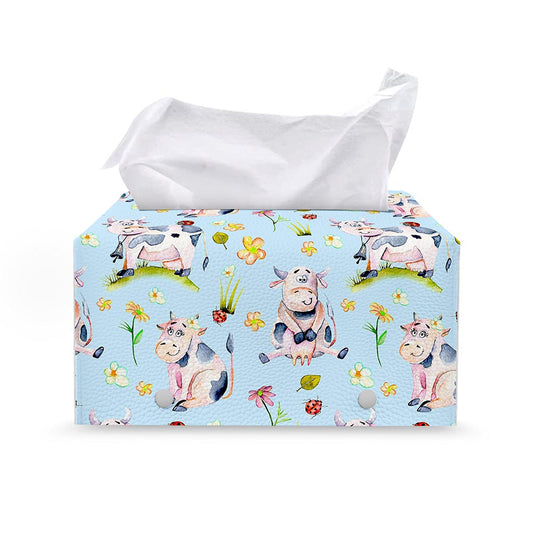 Watercolor Cartoon Cow Pattern Print Leather Tissue Box Cover
