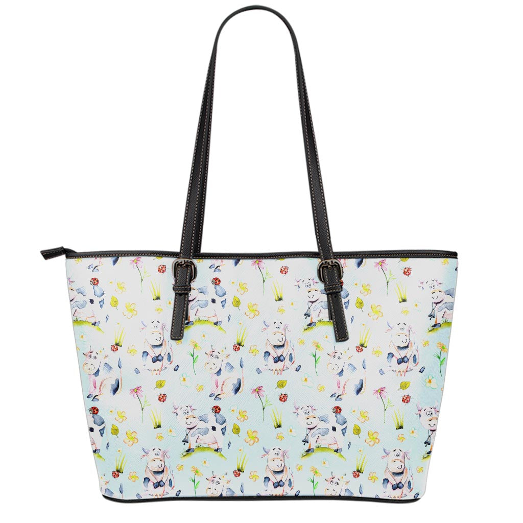 Watercolor Cartoon Cow Pattern Print Leather Tote Bag